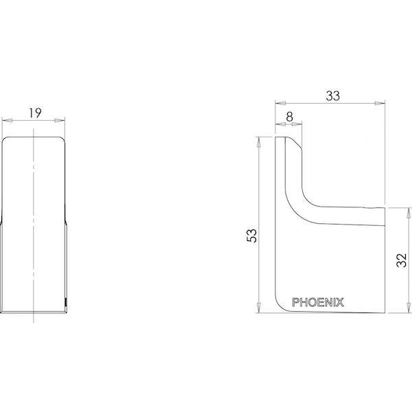 Technical drawing of Phoenix Gloss robe hook in matte black, showing front and side views with dimensions and PHOENIX branding