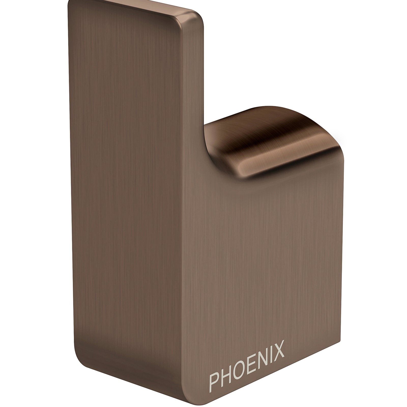 Phoenix Gloss robe hook in brushed bronze, shown in close-up on a white background with PHOENIX branding