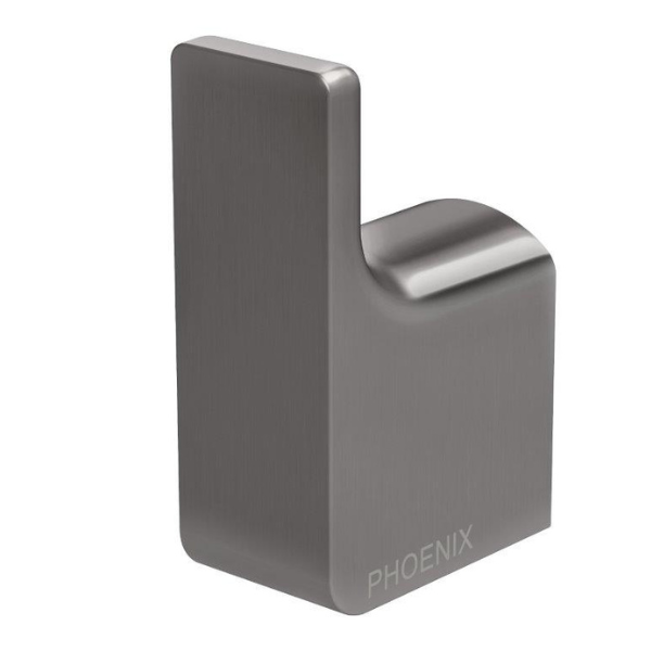 Phoenix Gloss robe hook in brushed carbon, modern rectangular wall hook with concealed fixings, shown on white background