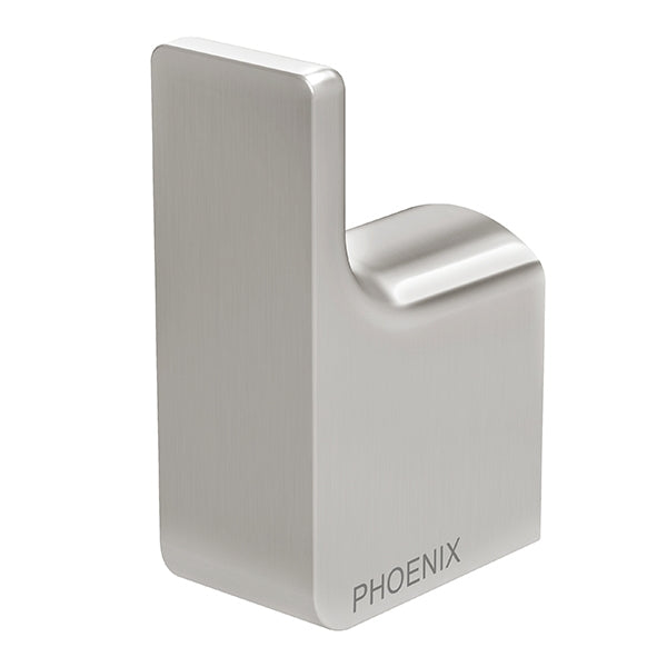 Phoenix Gloss robe hook in brushed nickel, square wall hook with curved top and PHOENIX logo