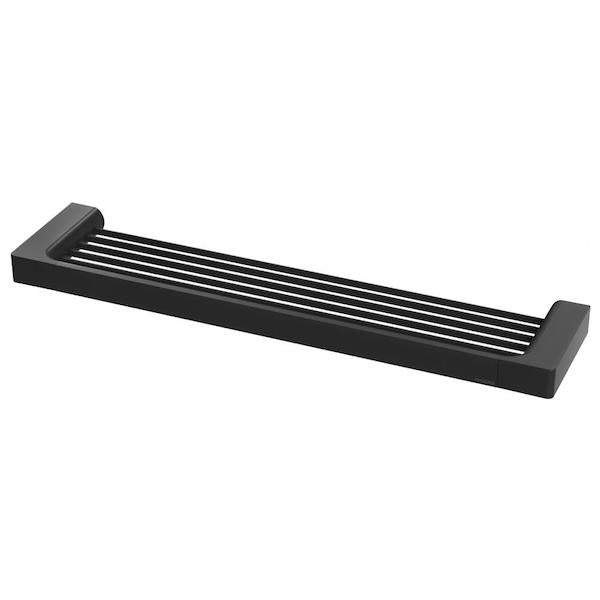 Phoenix Gloss shower shelf in matte black, 465mm wall-mounted bathroom shelf with slatted tray view
