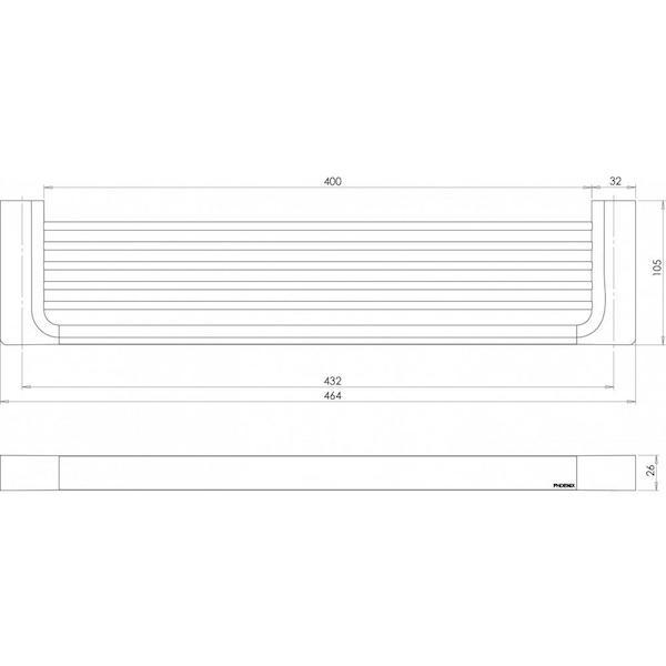 Phoenix Gloss shower shelf technical drawing in brushed nickel, 465mm wide, front and side views with dimensions.