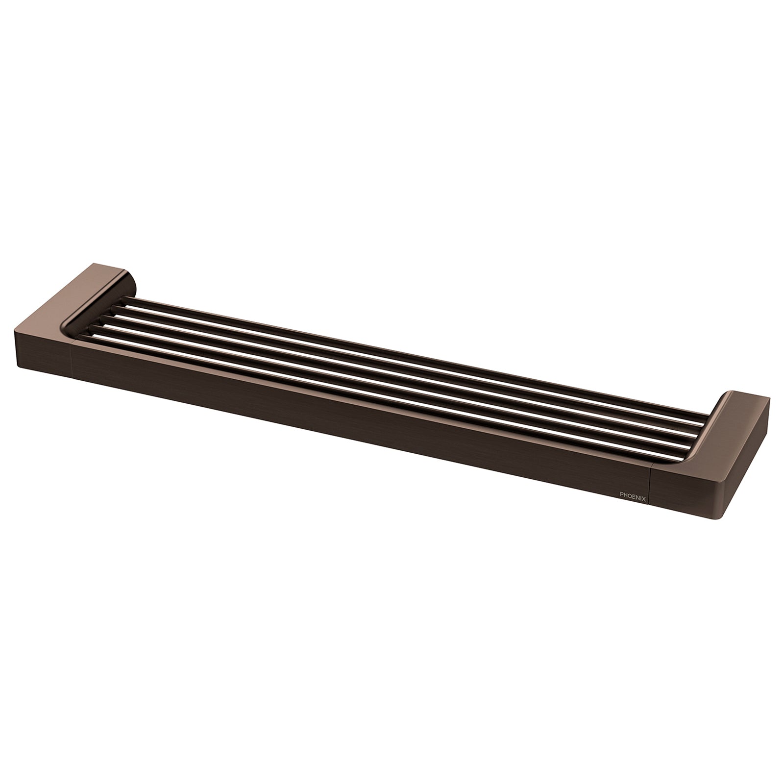 Phoenix Gloss shower shelf in brushed bronze, long wall-mounted bathroom shelf with sleek slatted stainless steel design
