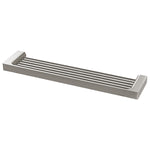 Phoenix Gloss 465mm shower shelf in brushed nickel, rectangular bathroom shelf with slatted base on white background