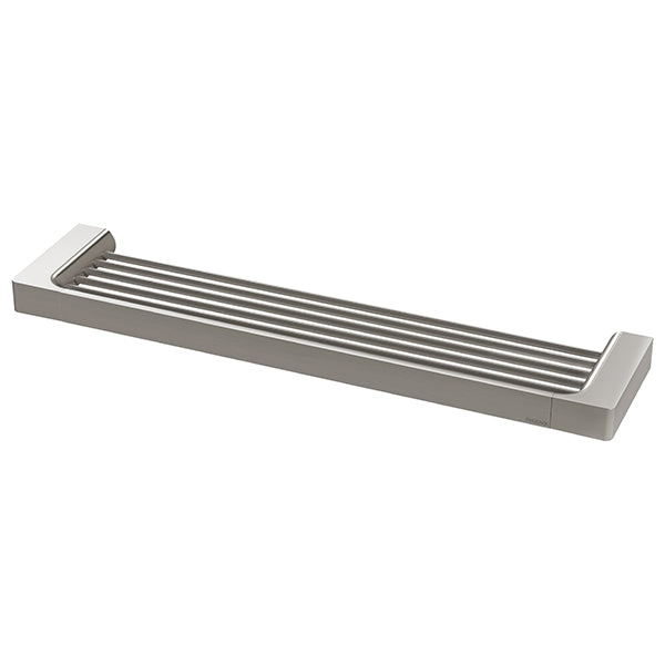 Phoenix Gloss 465mm shower shelf in brushed nickel, rectangular bathroom shelf with slatted base on white background