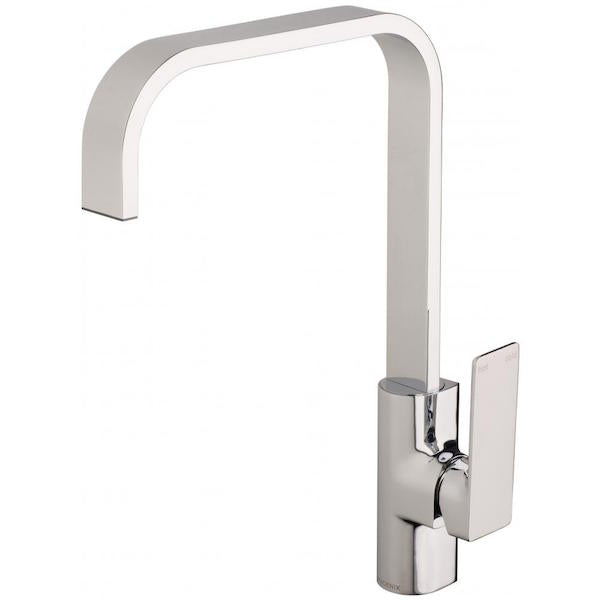 Phoenix Gloss sink mixer in chrome finish with square curved spout and side lever, shown on white background