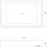 Phoenix Gloss soap dish technical drawing, chrome rectangular dish with dimensions shown, Phoenix logo