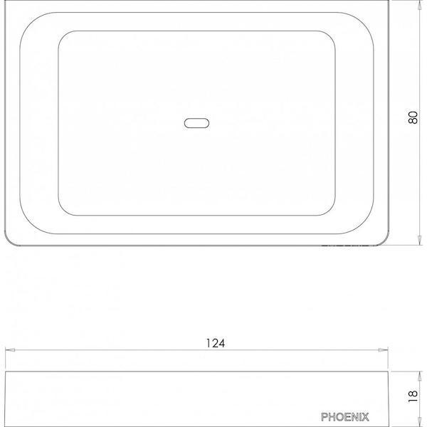 Phoenix Gloss soap dish technical drawing, chrome rectangular dish with dimensions shown, Phoenix logo