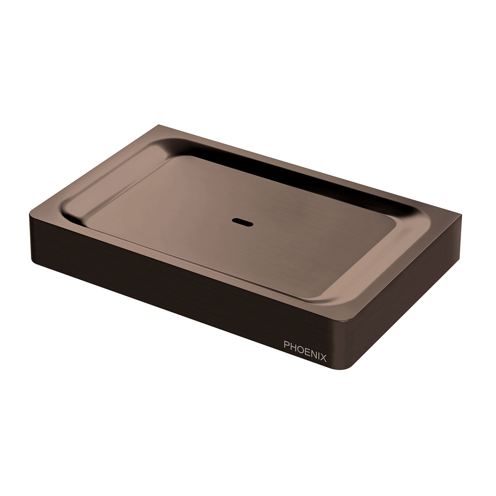 Phoenix Gloss soap dish in brushed bronze, rectangular wall-mounted bathroom accessory with PHOENIX branding