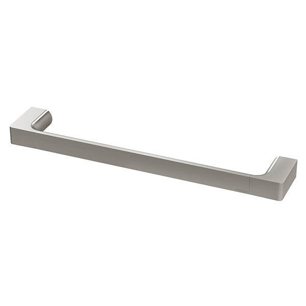 Phoenix Gloss hand towel holder in brushed nickel, long rectangular rail with rounded ends on white background