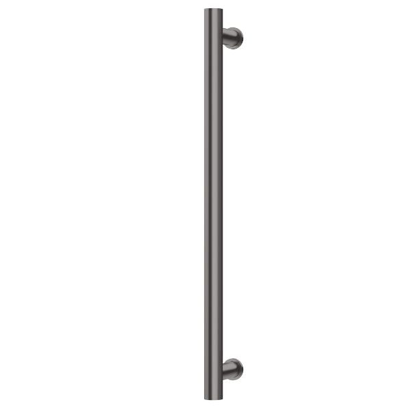 Phoenix round heated towel rail in brushed carbon, single vertical bar on white background.