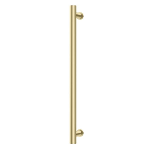 Phoenix brushed gold round heated towel rail, vertical single bar on white background