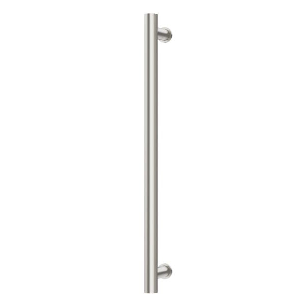 Phoenix heated towel rail, round brushed nickel single bar, vertical wall-mounted view on white background