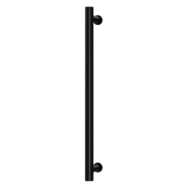 Phoenix round heated towel rail, matte black single bar, vertical wall-mounted 600mm rail on white background