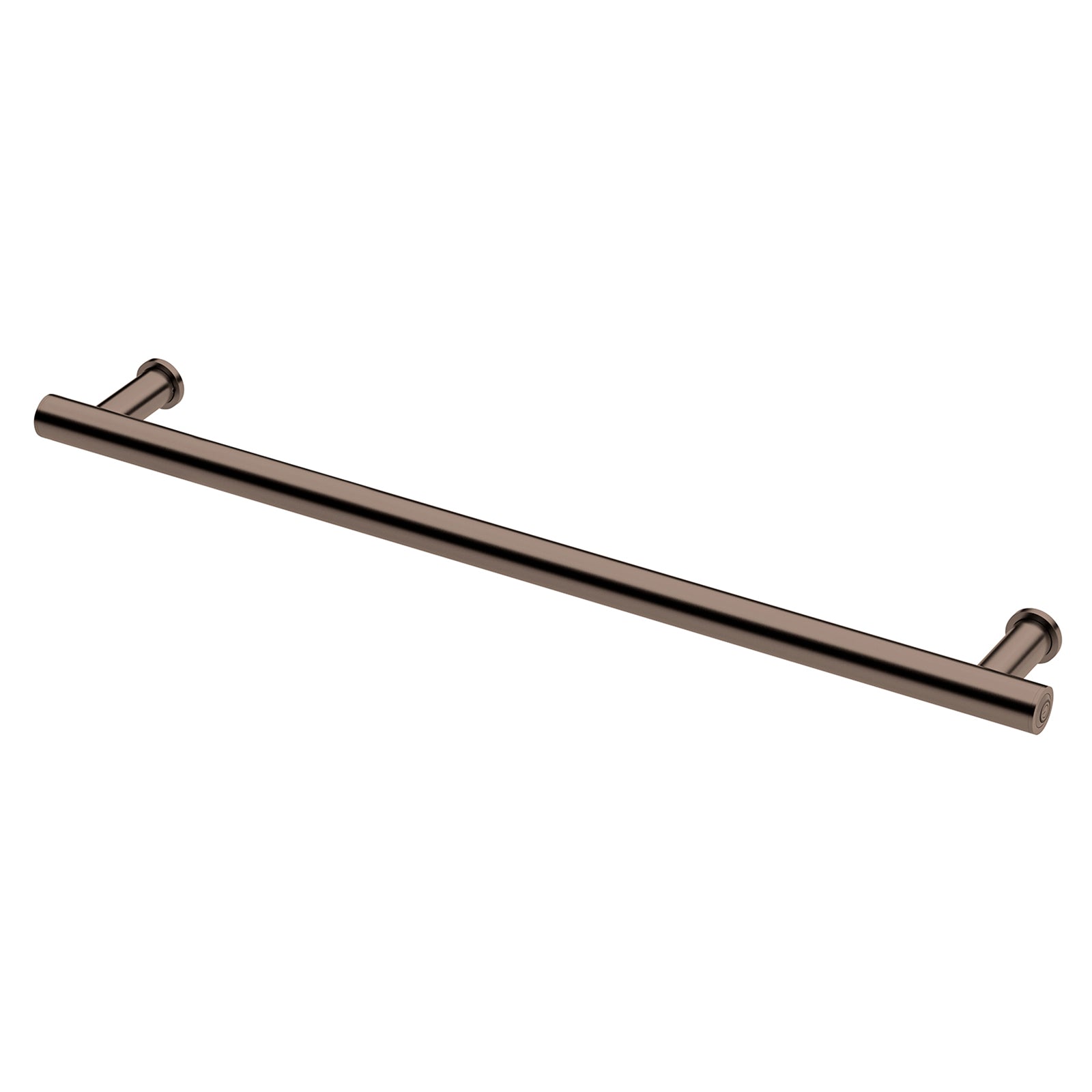 Phoenix round heated towel rail in brushed bronze, single bar, shown on white background