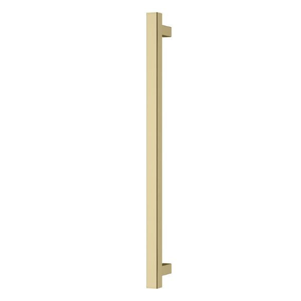 Phoenix heated towel rail, square 600mm, brushed gold, vertical wall-mounted single bar on white background