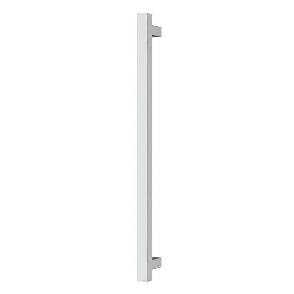 Phoenix square chrome heated towel rail, slim vertical wall-mounted rail on white background