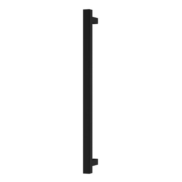 Phoenix square heated towel rail in matte black, single bar vertical wall-mounted rail on white background