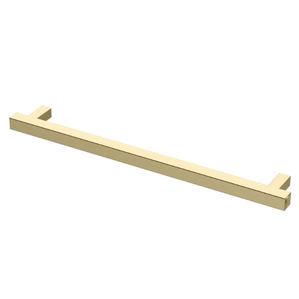 Phoenix heated towel rail, square 800mm, brushed gold, single bar wall-mounted rail on white background