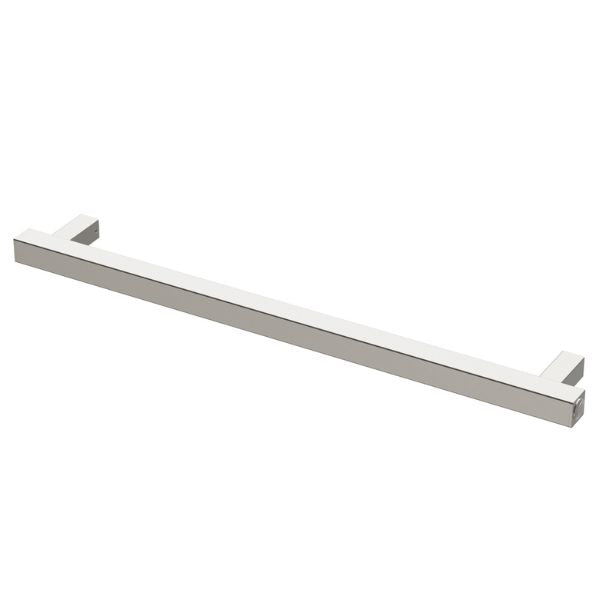 Phoenix heated towel rail, square 800mm single bar in brushed nickel, shown on white background