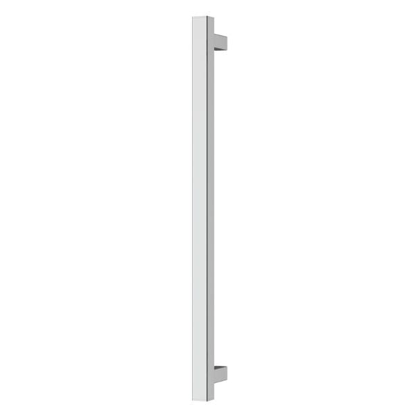 Phoenix Square heated towel rail in chrome, single vertical bar with modern square profile on white background