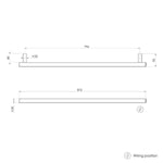 Phoenix Heated Towel Rail Square 800mm in matte black, technical line drawing with dimensions and wiring position