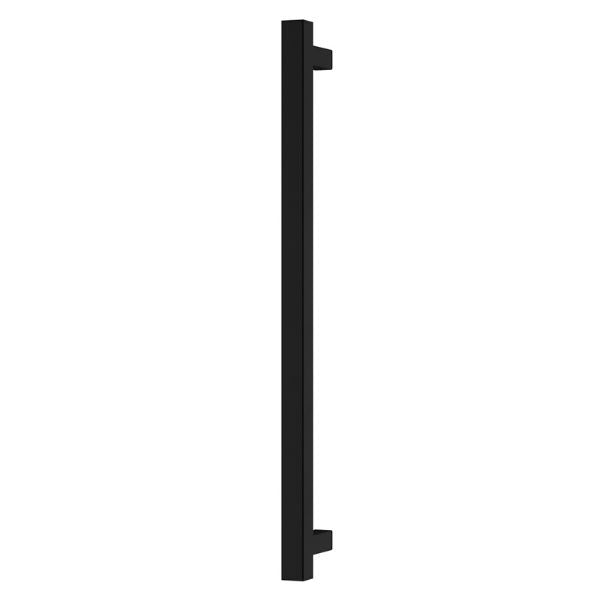 Phoenix heated towel rail, square 800mm, matte black, vertical wall-mounted view