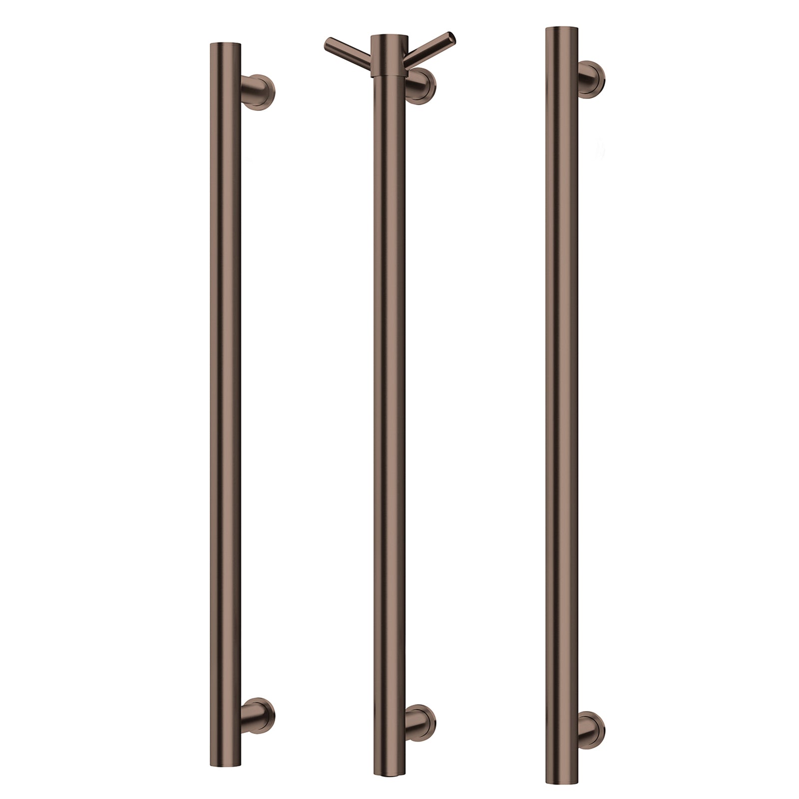 Phoenix heated triple towel rail, round brushed bronze finish, three-bar vertical rail on white background