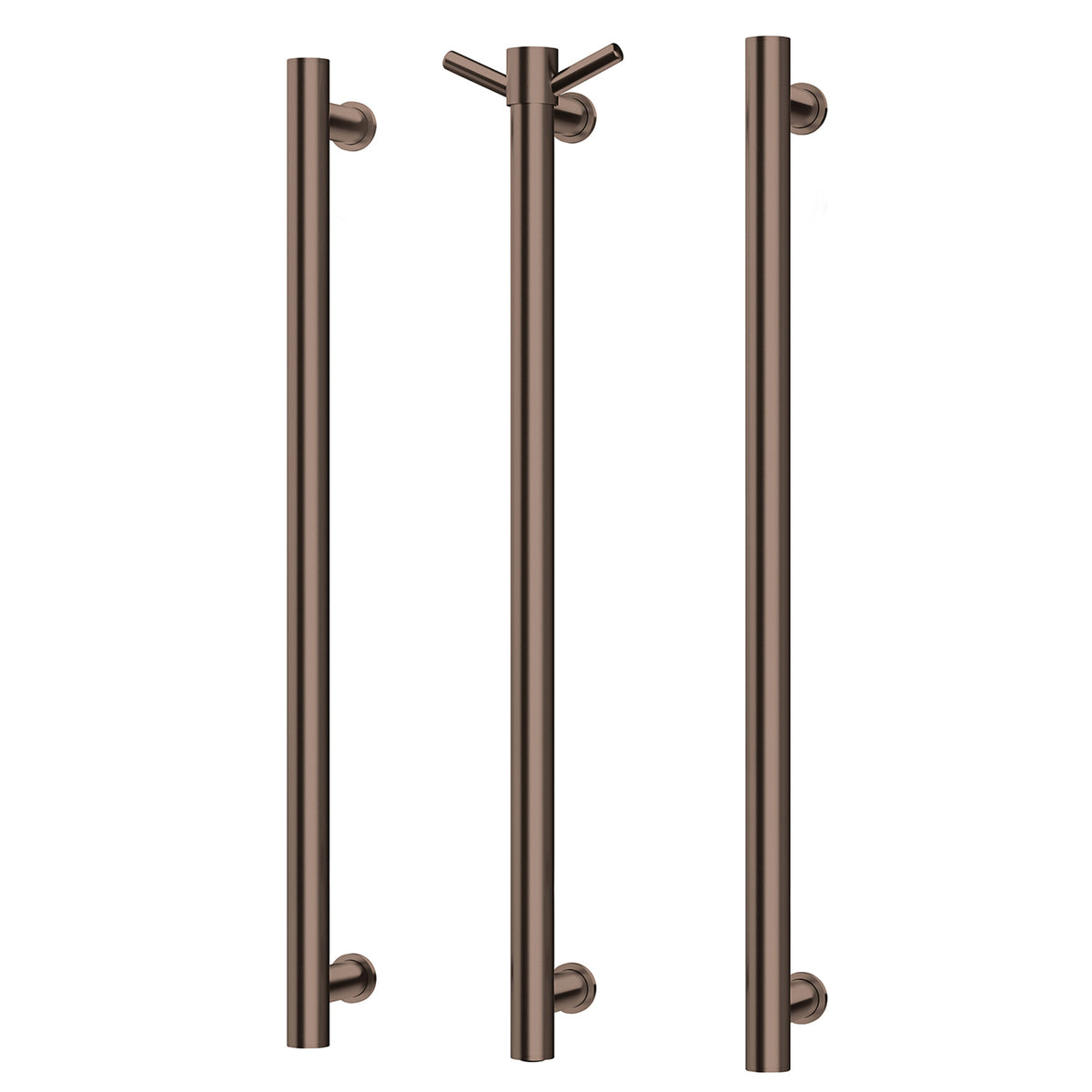 Phoenix heated triple towel rail, round brushed bronze finish, three-bar vertical rail on white background
