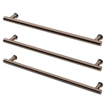 Phoenix heated triple towel rail in brushed bronze, round profile, three-bar wall-mounted design on white background