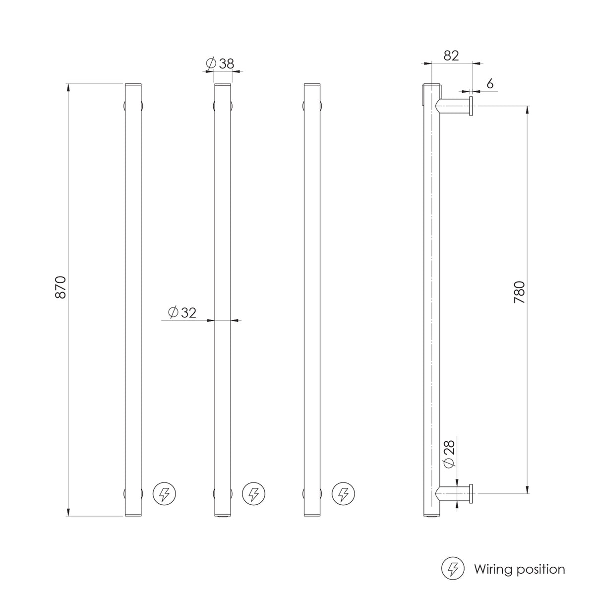 Technical drawing of Phoenix heated triple towel rail, round 800mm brushed bronze, with measurements and wiring position views
