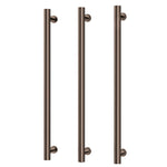Phoenix heated triple towel rail in brushed bronze, shown front on with three round vertical bars on white background