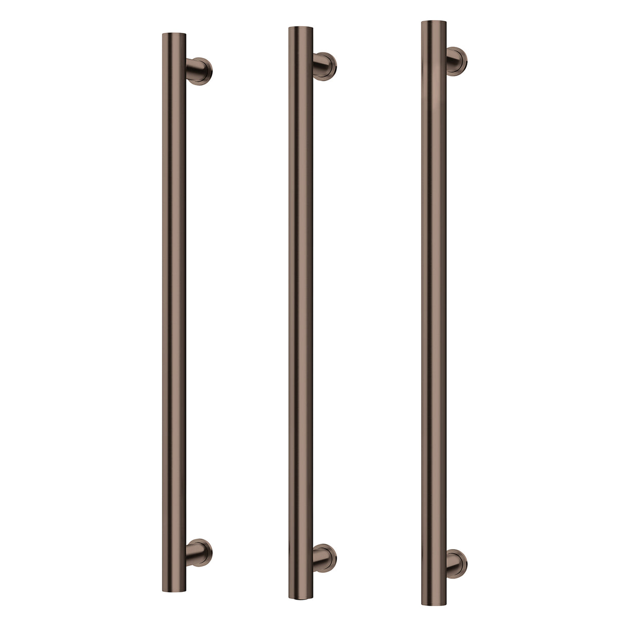 Phoenix heated triple towel rail in brushed bronze, shown front on with three round vertical bars on white background
