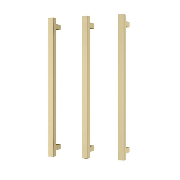 Phoenix heated triple towel rail set, square 600mm, brushed gold finish, shown three vertical rails on white background