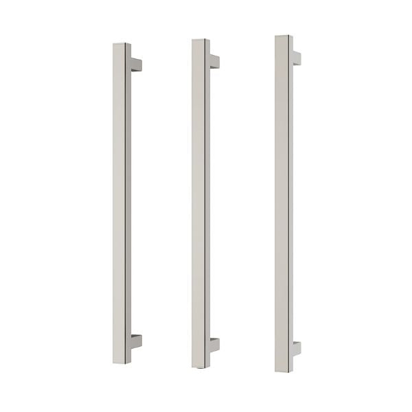 Phoenix heated triple towel rail, brushed nickel square bars shown front on white background