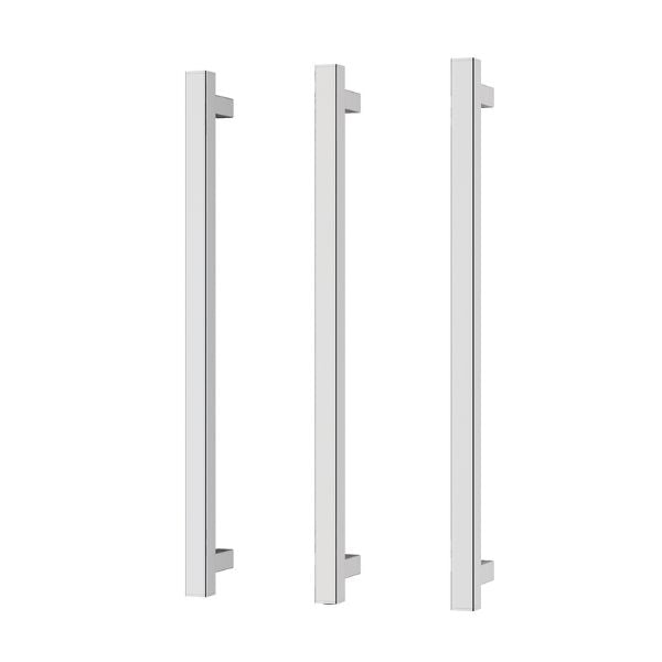 Phoenix heated triple towel rail set in chrome, three square 600mm wall rails shown on a white background