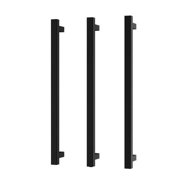 Phoenix heated triple towel rail set in matte black, square 600mm bars shown on white background