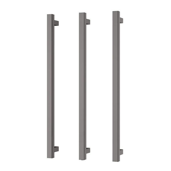 Phoenix heated triple towel rail, brushed carbon square 800mm, three vertical bars on white background