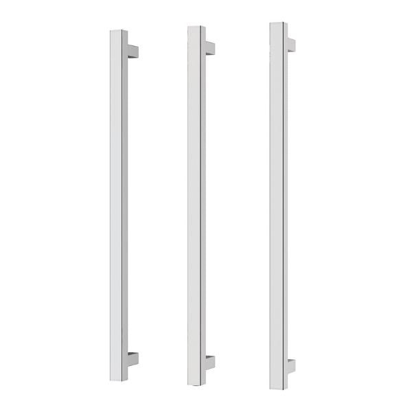 Phoenix heated triple towel rail, square 800mm chrome, showing three vertical bars on a white background