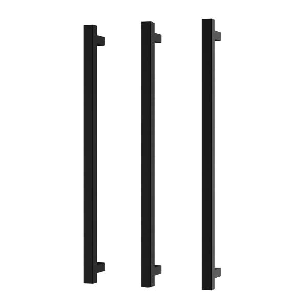 Phoenix heated triple towel rail, square 800mm, matte black finish, shown front on with three vertical bars