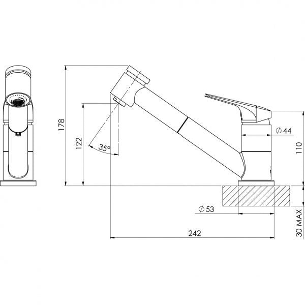 Phoenix Ivy MKII pull out sink mixer technical drawing, chrome tap with dimensions and side view
