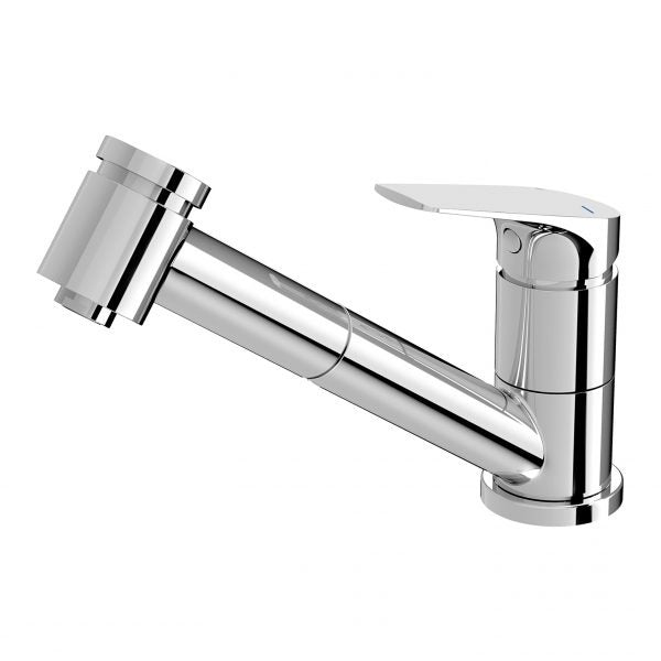 Phoenix Ivy MKII chrome pull out sink mixer tap with side lever and angular handpiece, isolated on white