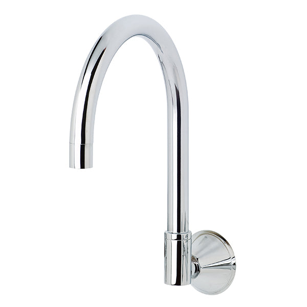 Phoenix Ivy chrome gooseneck wall sink outlet, 170mm, with round wall flange and polished finish