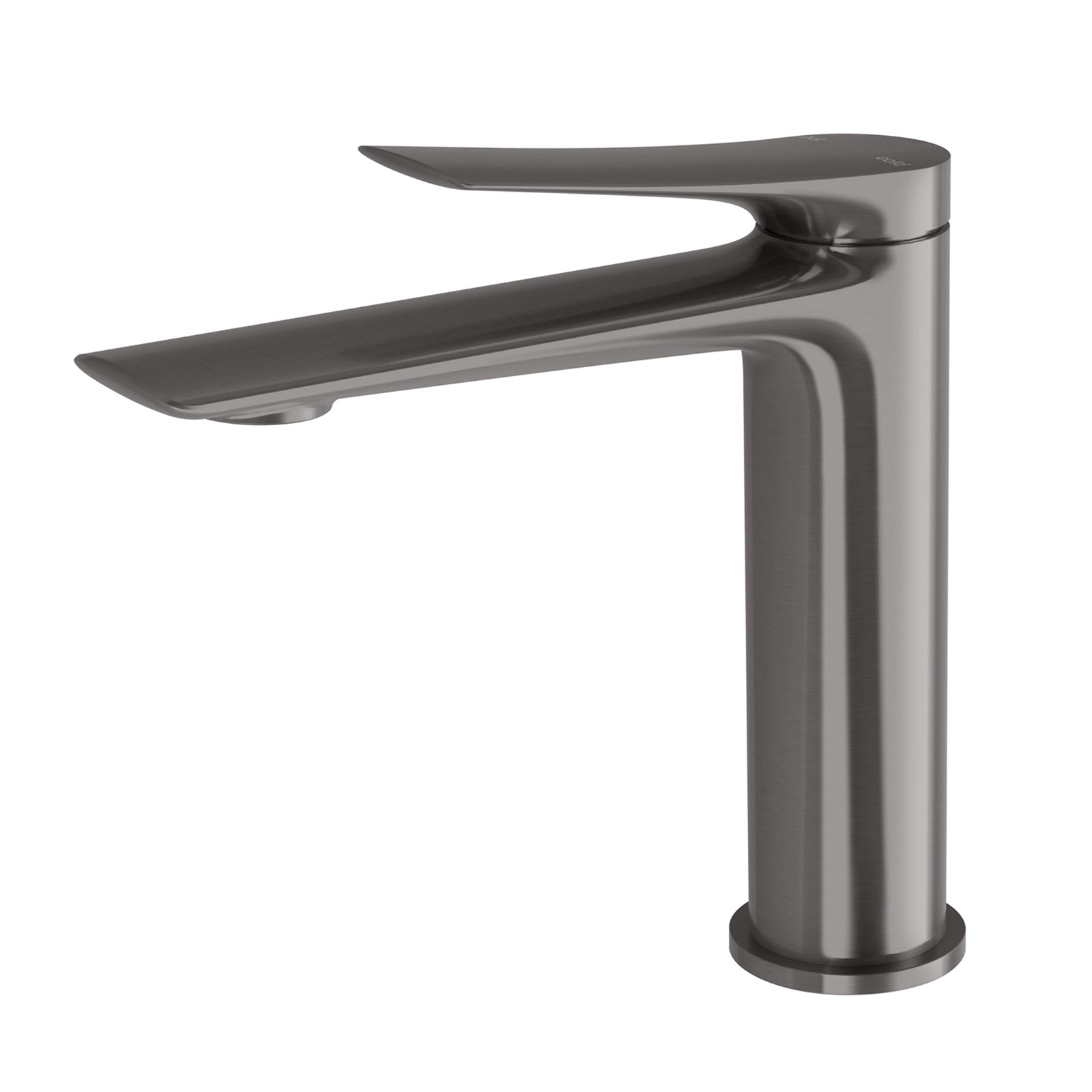 Phoenix Kusabi basin mixer in brushed carbon with squared lines and a low, single-lever spout on white background