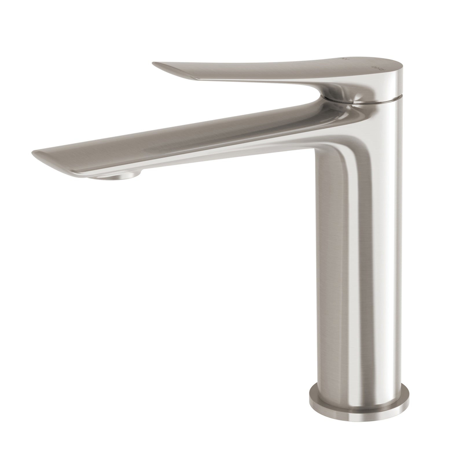 Phoenix Kusabi basin mixer in brushed nickel, close-up side view with squared modern lines and single lever handle