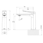 Phoenix Kusabi basin mixer technical drawing in chrome, with dimensions and side/front views