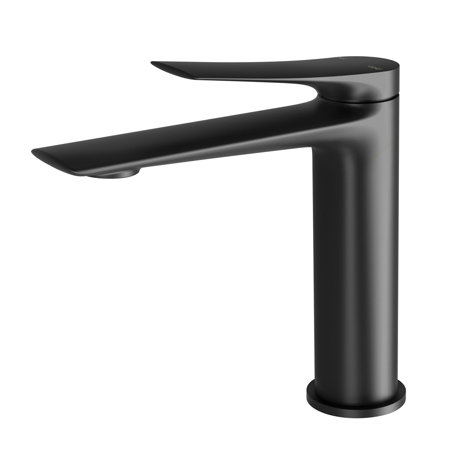 Phoenix Kusabi basin mixer in matte black, modern single-lever tap with square lines and curved spout