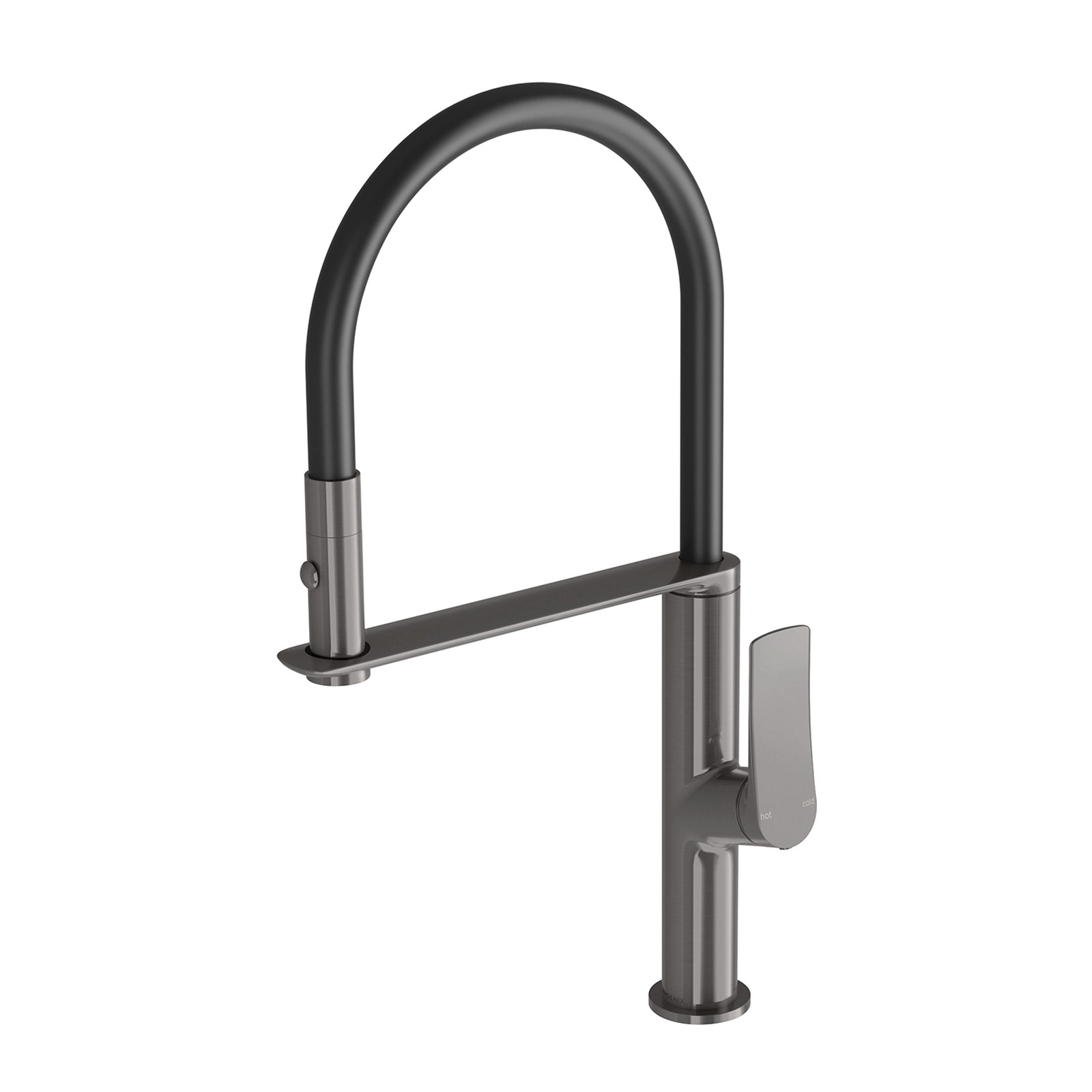Phoenix Kusabi pull out sink mixer in brushed carbon, with arched black hose and side lever on white background