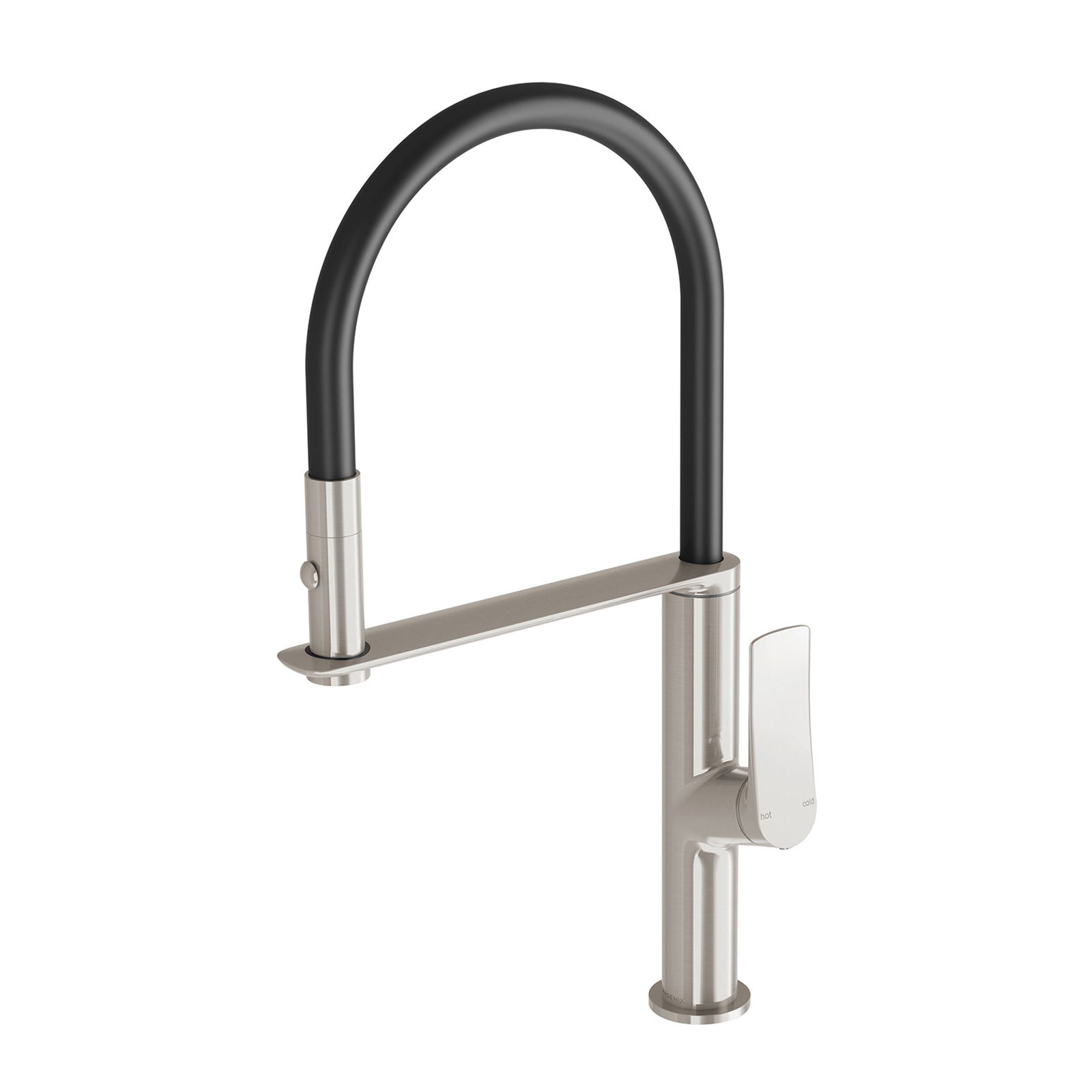 Phoenix Kusabi pull out sink mixer in brushed nickel with black flexible hose, side view on white background