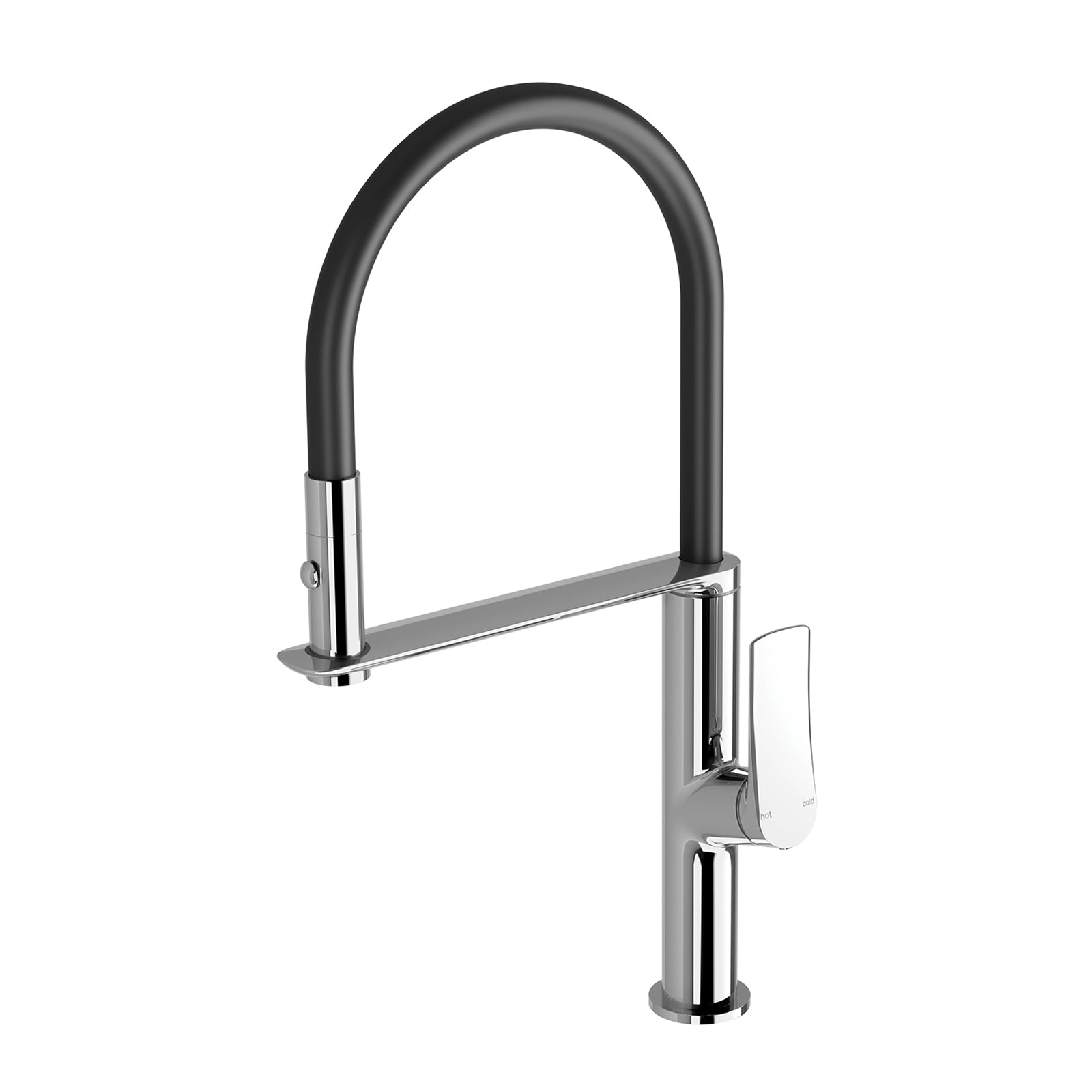 Phoenix Kusabi pull out sink mixer in chrome and black, with arched hose and lever handle on white background